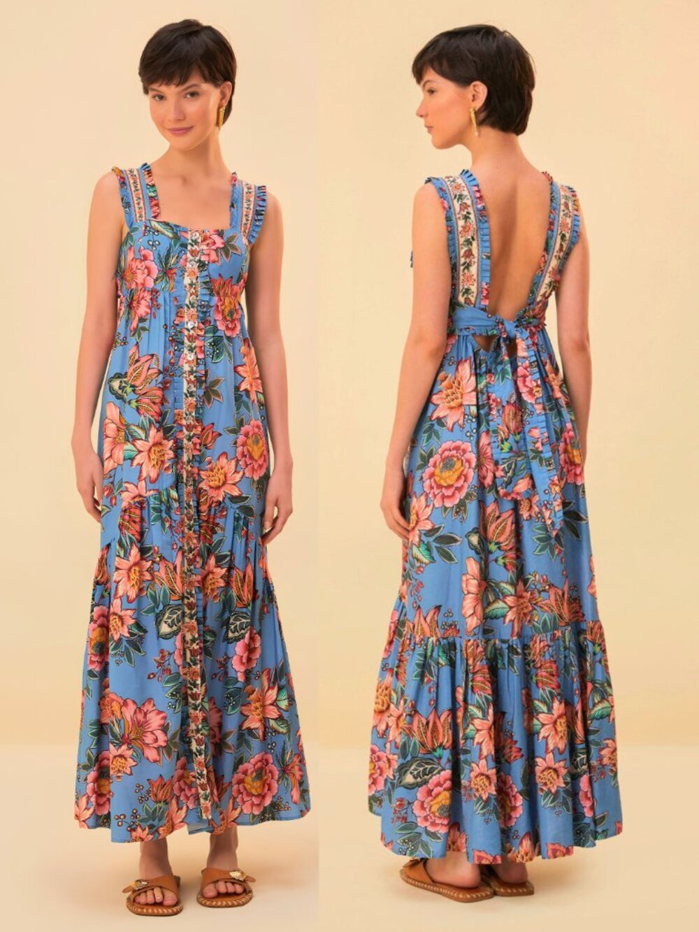NWT Farm Rio Wonderful Bouquet Blue Sleeveless Maxi Dress Size Medium